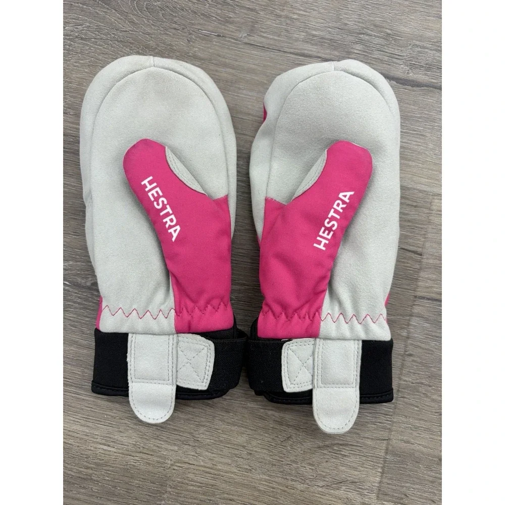 Kids Hestra Heli Ski Jr Mitten Gloves Size 4 Leather Pink/Black Snow Gorpcore